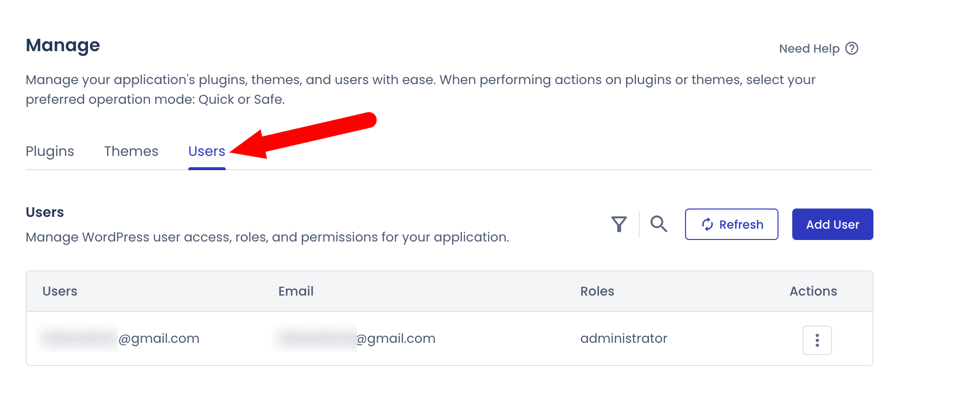 The Users tab in Cloudways Site Manager.