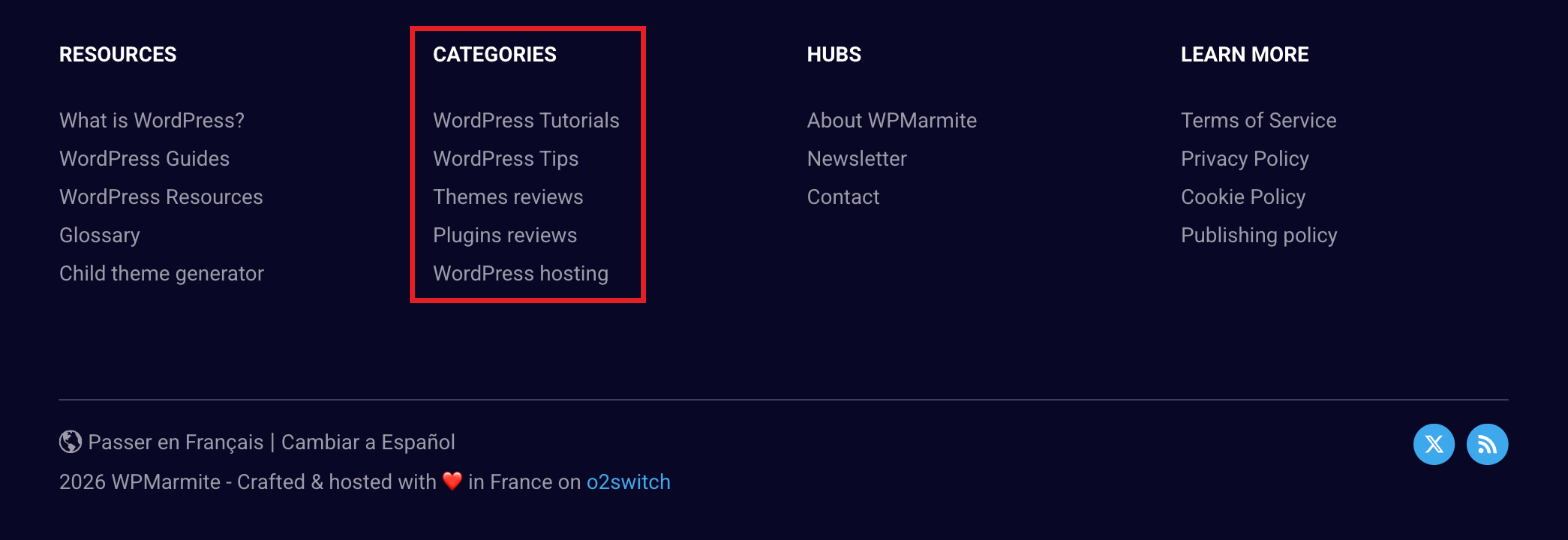 WPMarmite integra las categorías de sus artículos en el menú de su pie de página.