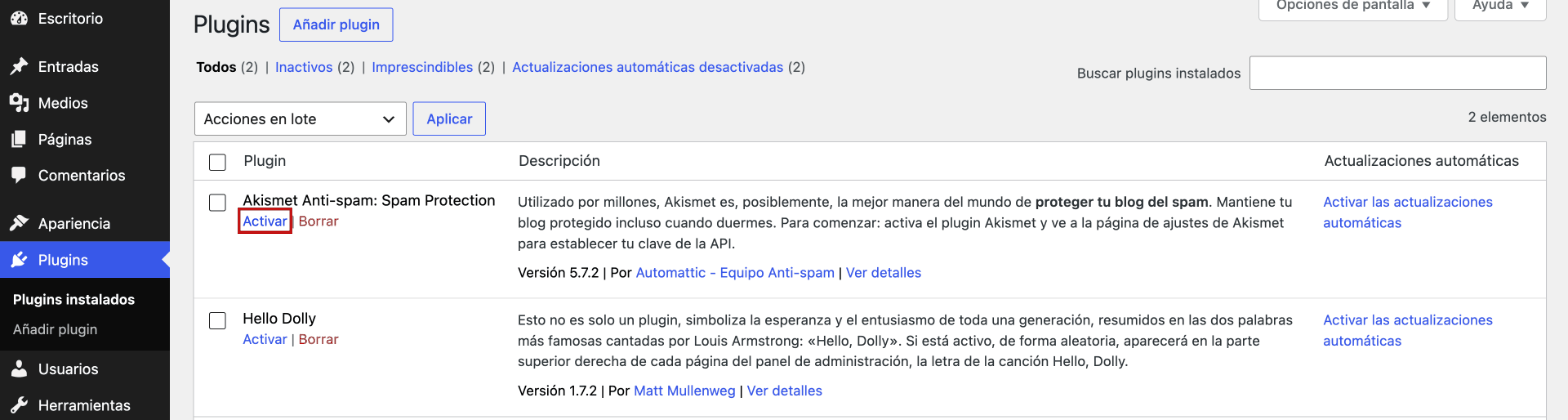 Enlace Activar del plugin Akismet en la lista de plugins de WordPress