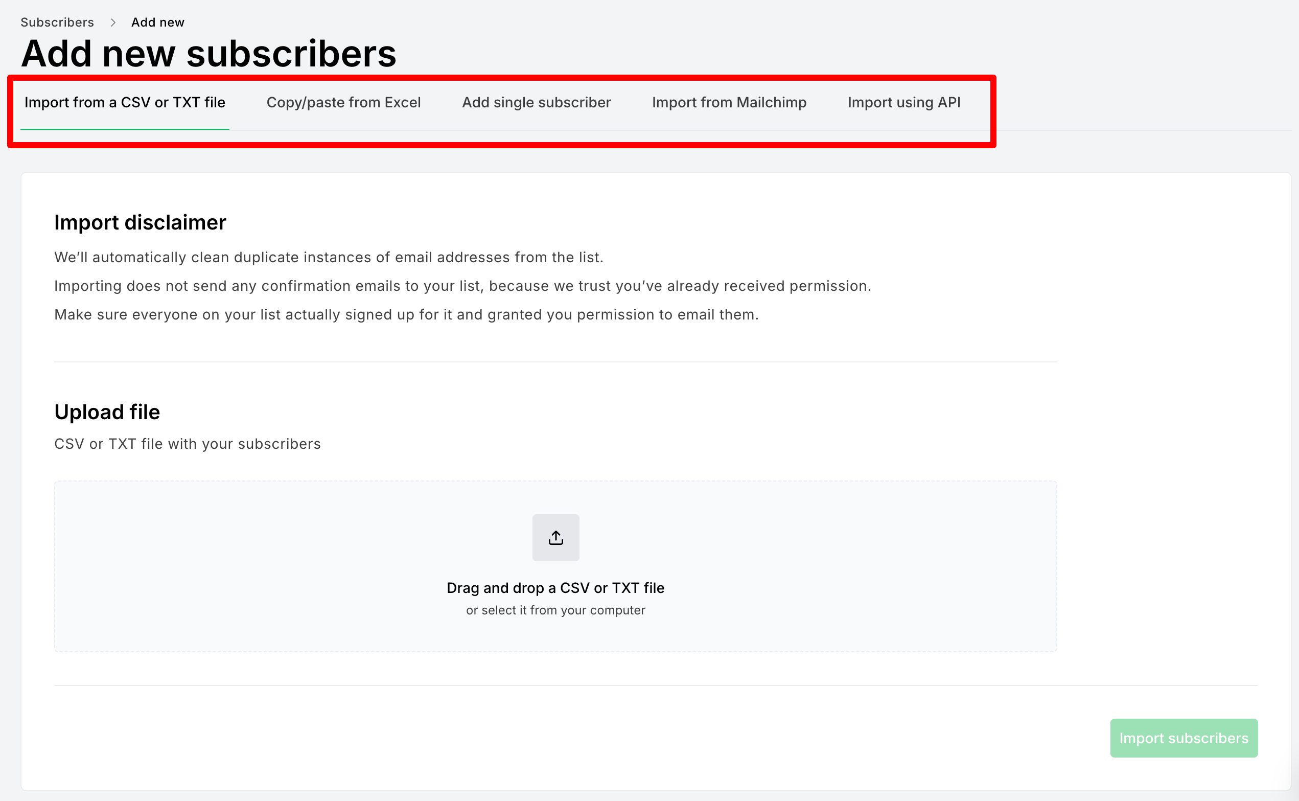 Options for adding new subscribers in MailerLite.