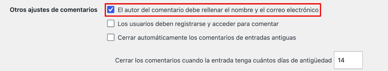 Casilla que obliga a los autores de comentarios a rellenar su nombre y correo electrónico