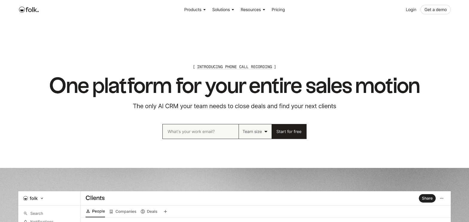 Homepage of the folk CRM software