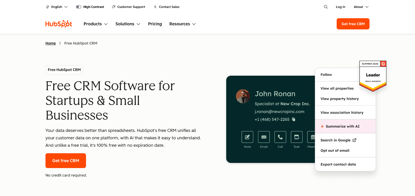 Homepage of the HubSpot CRM software