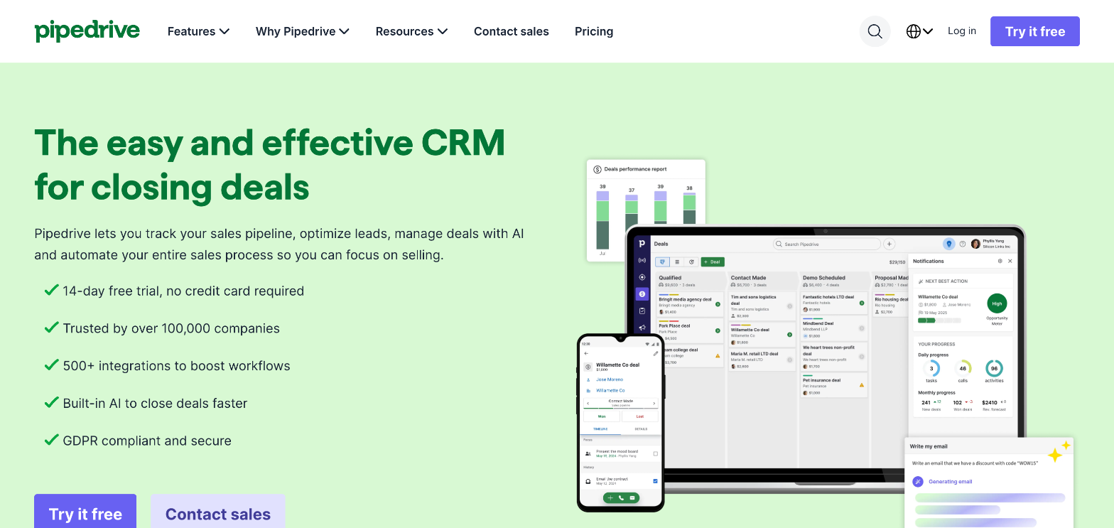Homepage of the Pipedrive CRM software