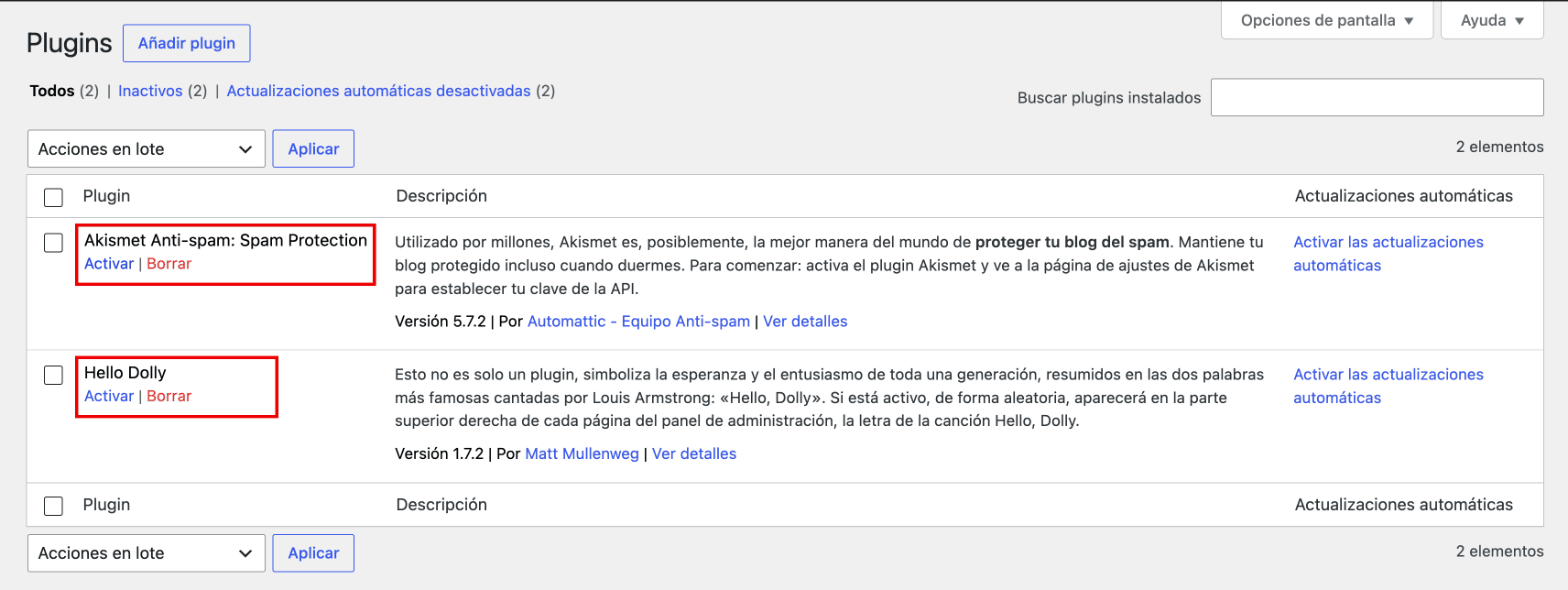 Akismet y Hello Dolly en la lista de plugins de WordPress