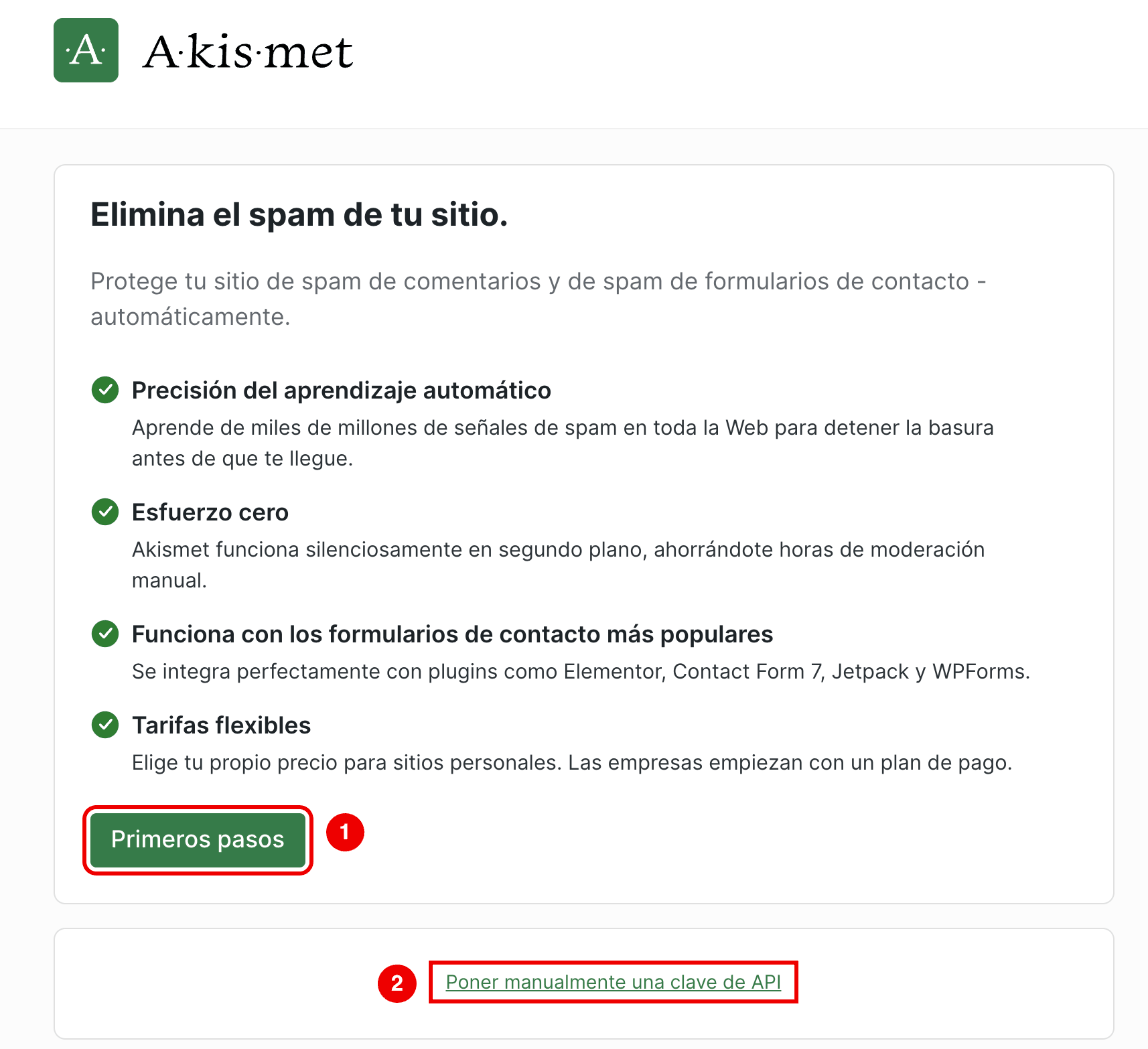 Pantalla de inicio de Akismet con el botón Primeros pasos y el enlace para poner una clave de API