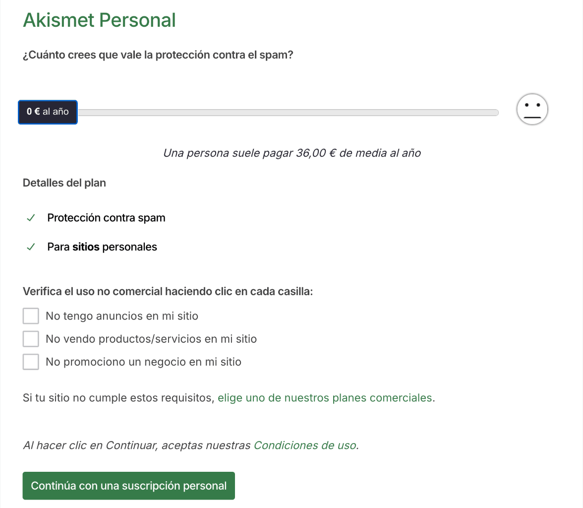Formulario de la suscripción Personal de Akismet con 0 € al año