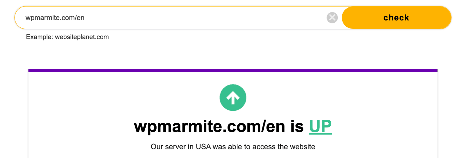 The "Is Website Down for Everyone or Just You?" tool displays the message that wpmarmite.com/en is up.